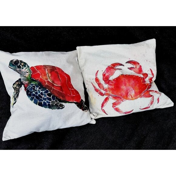 Sea Turtle Crab Throw Pillow Cover Hand Painted Art Deco Chair Beach House READ - Picture 4 of 12